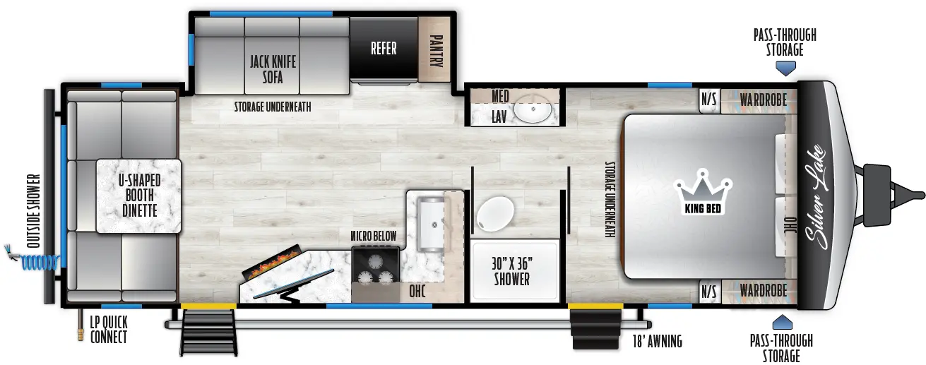 The 2500RD has one slideout and two entry doors. Exterior features front pass through storage,  18 foot awning, LP quick connect, and rear outside shower. Interior layout front to back: foot-facing king bed with storage underneath, overhead cabinets, wardrobes with nightstands on each side, and entry door; full pass through bathroom with medicine cabinet; off-door side slideout with pantry, refrigerator, and jack knife sofa with storage underneath; kitchen counter with sink wraps from inner wall to door side with overhead cabinet, cooktop with microwave below, and TV hookup with fireplace, and second entry; rear u-shaped booth dinette.